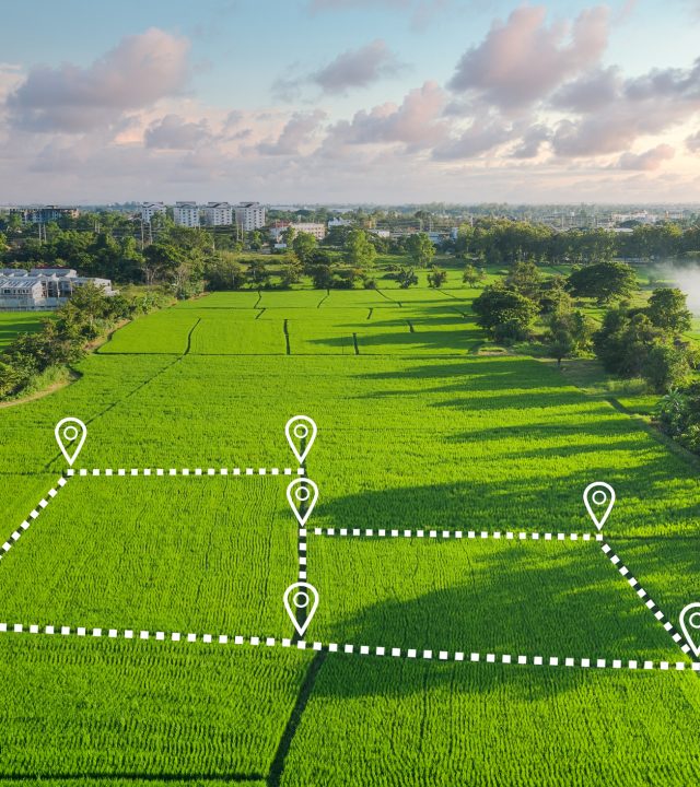 Land plot in aerial view. Identify registration symbol of vacant area for map. That property, real estate for business of home, house or residential i.e. construction, development, sale, rent and buy.